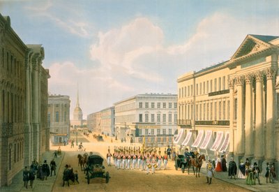 Il ponte della polizia e il viale Nevsky a San Pietroburgo, stampato da Lemercier, Parigi, 1840s da Louis Jules Arnout